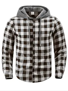 Men's Plaid Checked Hooded Jacket, Long Sleeve Fitted Design, Drawstring Closure & Durable Metal Buttons, Casual Outerwear for Fall Winter