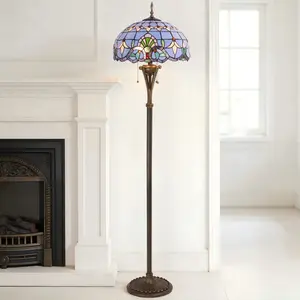 16.1 Inch Tiffany Style Baroque Blue Stained Glass Floor Lamp, Antique Bronze Iron & Resin Frame, 3 E26 Bases with Warm Bulbs Included, Pull Chain & In-Line Switch for Living Room Bedroom Home Office