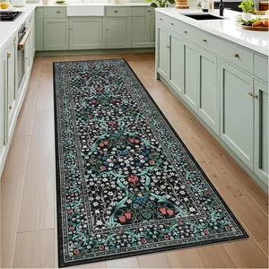 Kitchen 2x6 Runner Rug, Floral Washable Rugs for Hallways Non Slip Stain Resistant, Boho Soft Rug Botanical Carpet for Entryway, Laundry Room, Bedroom Floor Mat, Black