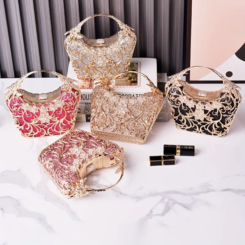 Women's Chic PU Leather Sparkling Oversized Rhinestone Clutch - Compact Glam Carry, Elegant Hangable Evening Bag for Prom, Dinners (Do Not Wash; Colors: Golden, Silver, Pink, Blue, Red, Black)