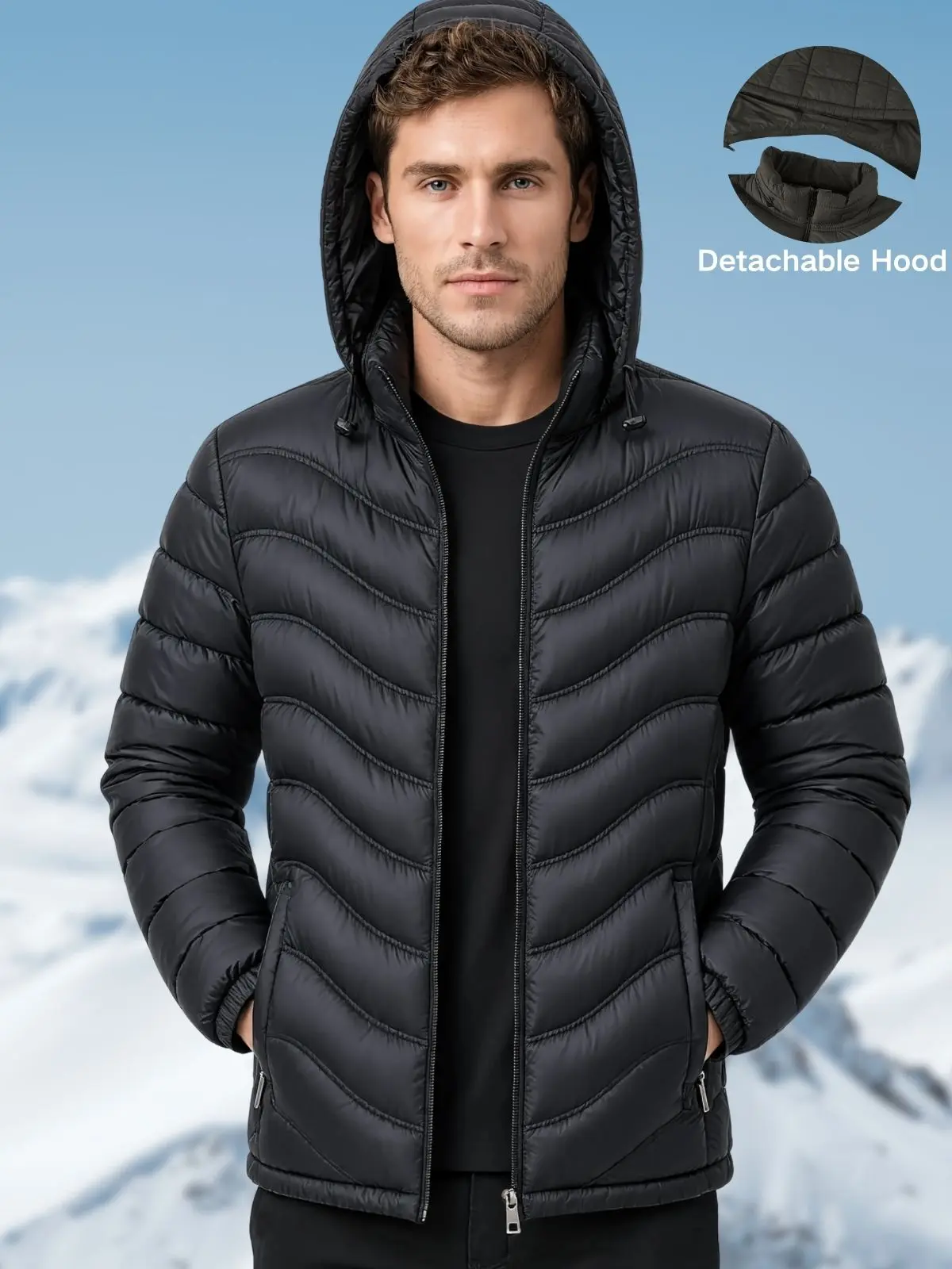 Men’s lightweight quilted cotton jacket with detachable hat, wavy topstitching, warm short winter outerwear