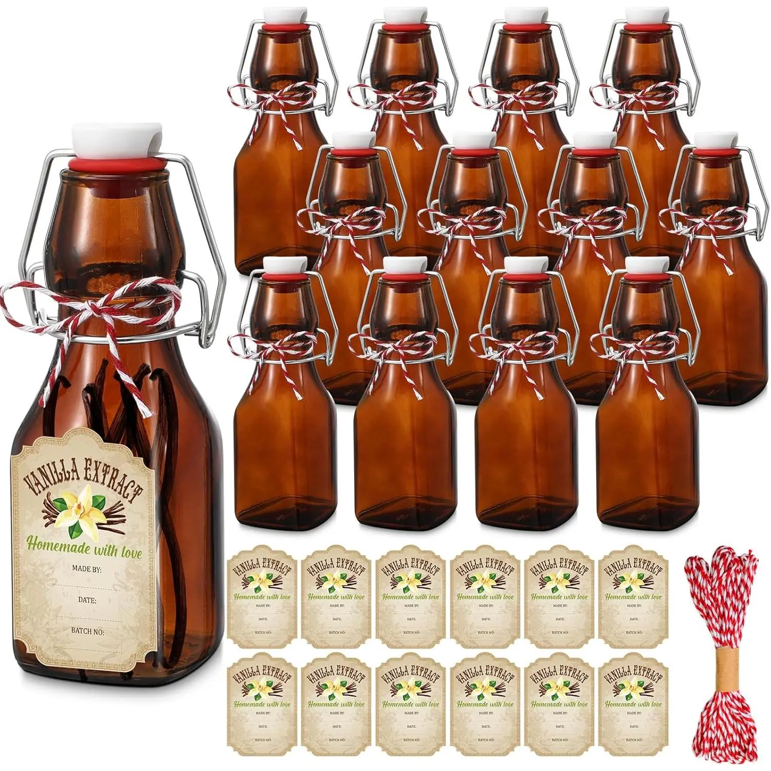 12 Pcs 4oz Amber Square Glass Bottles with Swing Tops, Caps, Cotton Twines & Labels - Indoor Recreation Home Brew Supply for Vanilla Extract, Oil, Beer, Tea, Square Shape