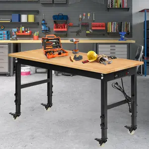 Topwin Adjustable Height Workbench, 48" Rubber Wood Top, 2000 lbs Heavy-Duty Workstation with Power Outlets for Garage or Home