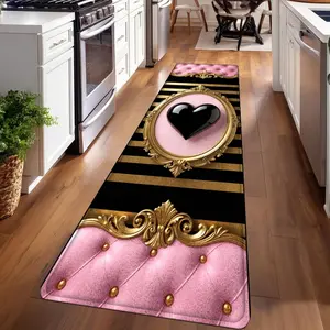 1PC， Pink Black Gold Heart Decoration Patterned strip rugs, home décor, bathroom mats, entryway mats, bathroom non-slip mats, indoor entrance rugs, bedroom bedside mats, kitchen mats, hallway rugs, flannel sponge rugs, hallway runner rugs
