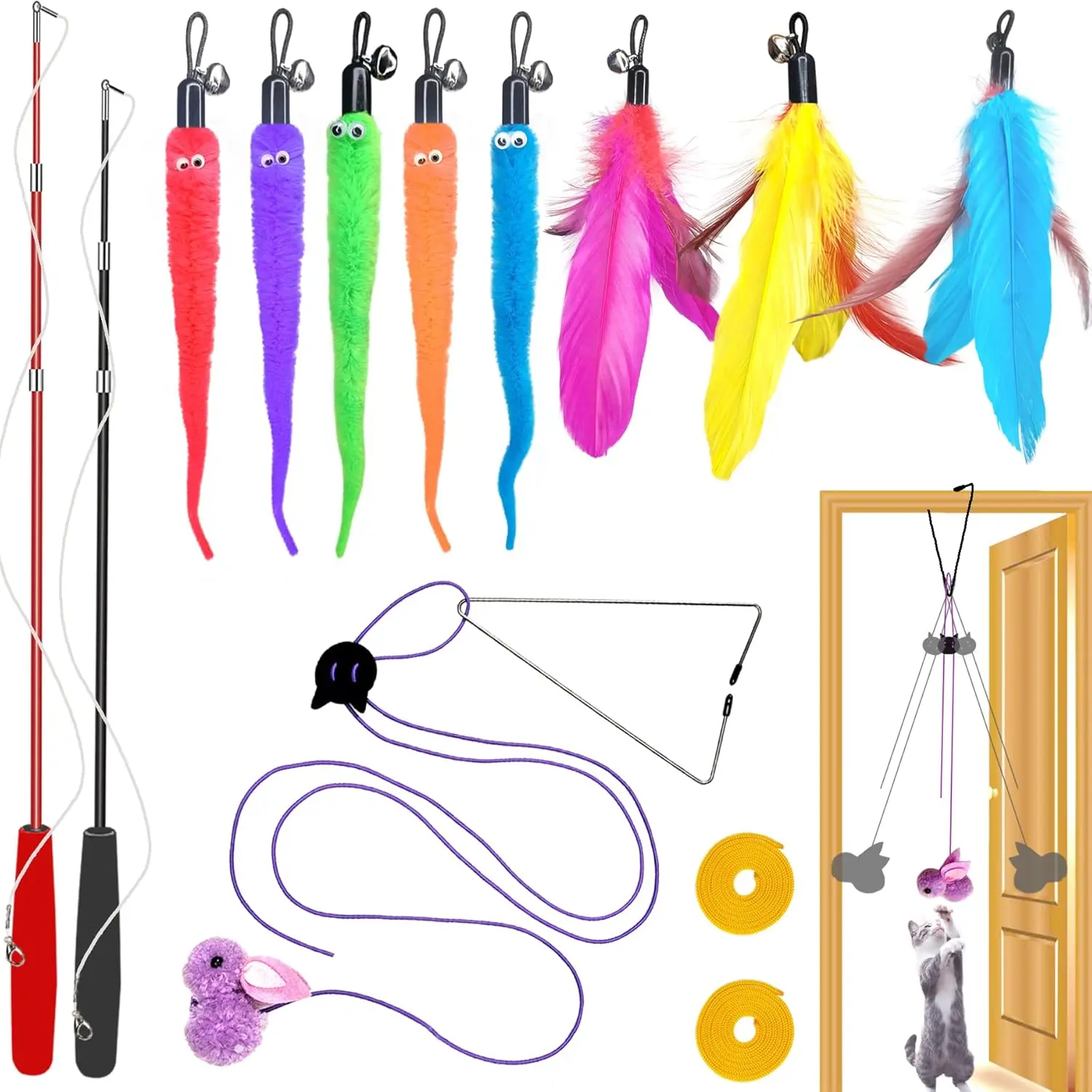 Toys Interactive for Indoor Cats,2PCS Retractable  Wand,9PCS Teaser Toys&1PCS Hanging Door Lure Kitten ,Interactive   for Teaser Play and Chase Exercise with Kitten