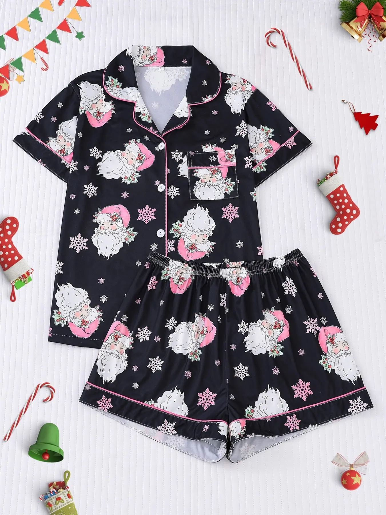 【Christmas】Women's Christmas Pajama Set, Soft Shirt Collar Top & Elastic Shorts, Fitted Casual Home Wear, Holiday Party Sleepwear, Loungewear