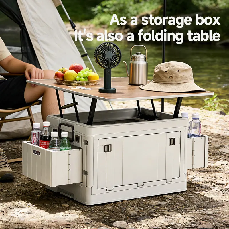 Foldable Camping Storage Box Table, 2-in-1 Outdoor Picnic Table with Side Storage Baskets, 130lbs Heavy Duty Collapsible Organizer, Easy Store Design