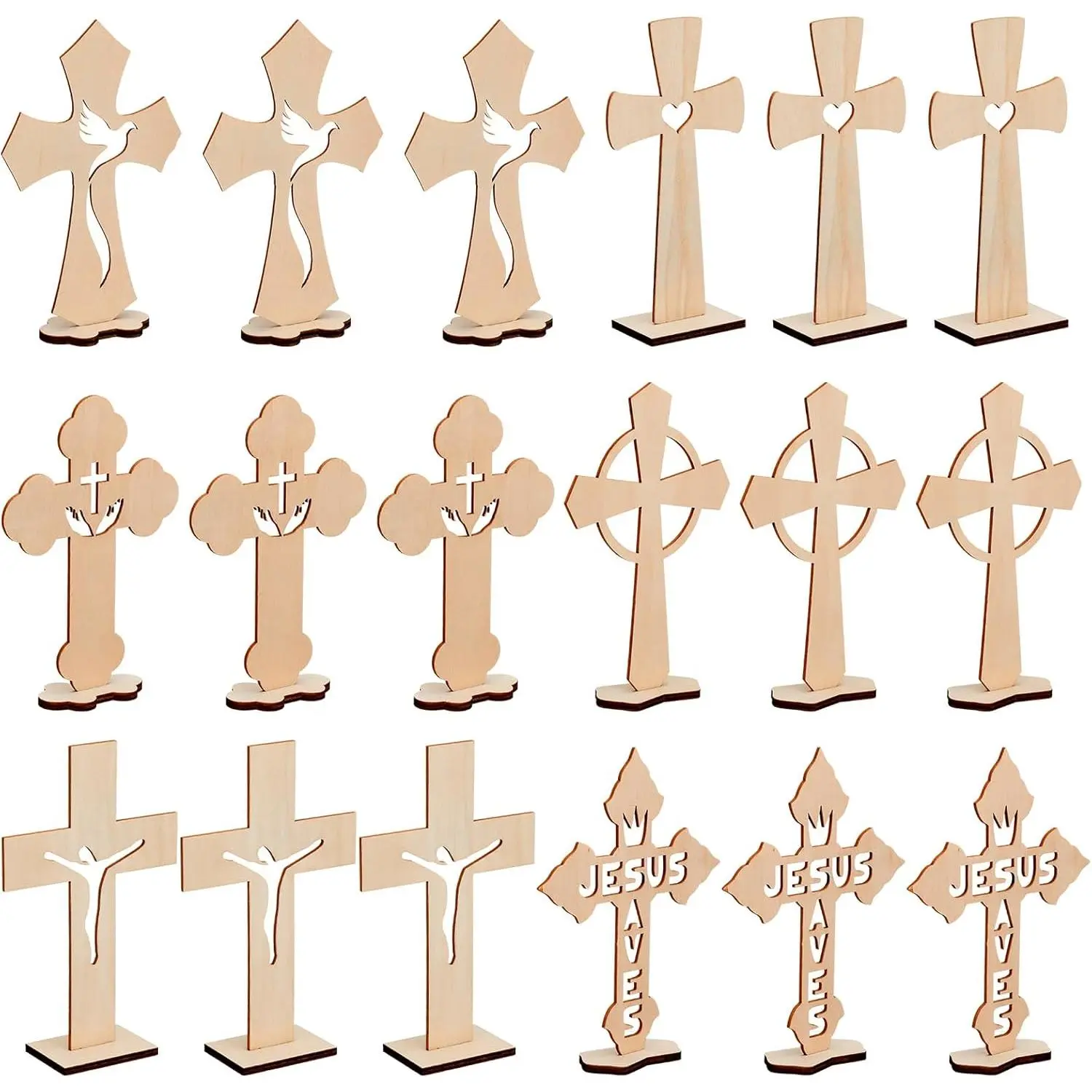 24 count Wooden Crosses Baptism Crafts Centerpieces for Tables  Catholic Standing Cross with Bases for Communion Decor Home Tables Decoration , 6 Styles, 6.7 x 4.3 Inch (White)