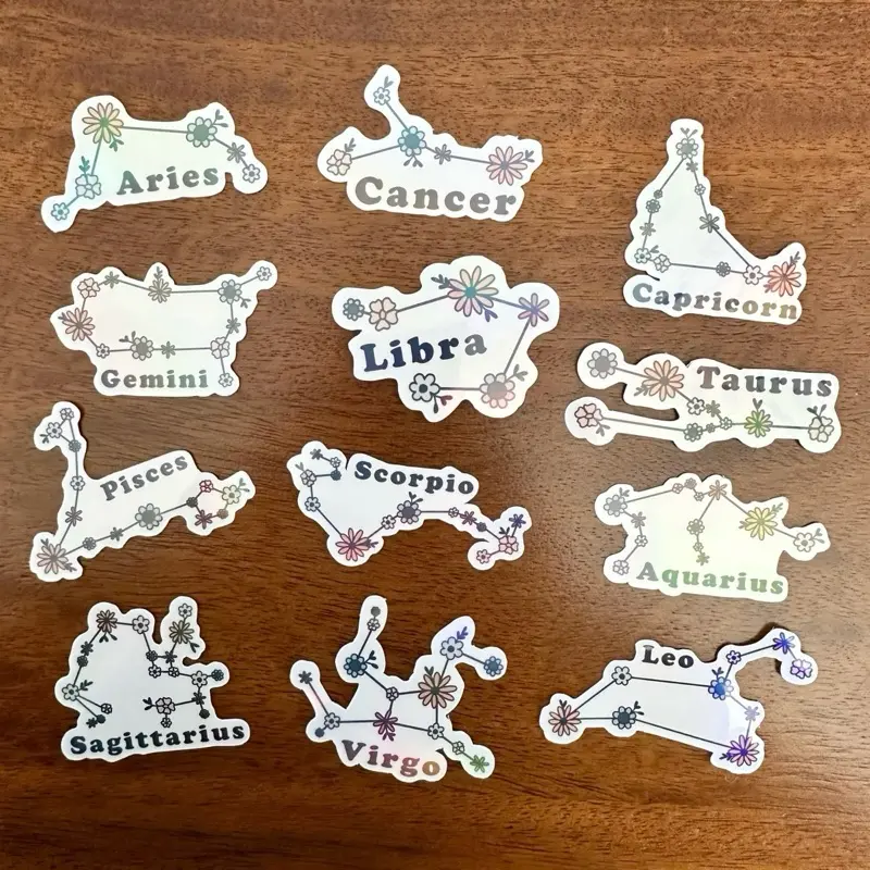 Floral Zodiac Sign Holographic Stickers | self adhesive decal | Handmade, Durable | Vinyl Water Proof