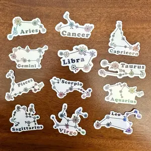 Floral Zodiac Sign Holographic Stickers | self adhesive decal | Handmade, Durable | Vinyl Water Proof