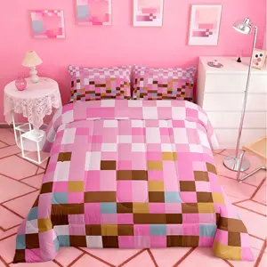 Pixelated Grid Kids Comforter Set,Miners Games Gamepad All Season Bedding Set for Girls Bedroom Decor,Geometric Grid Square Pink Blocks Comforter,Toddler