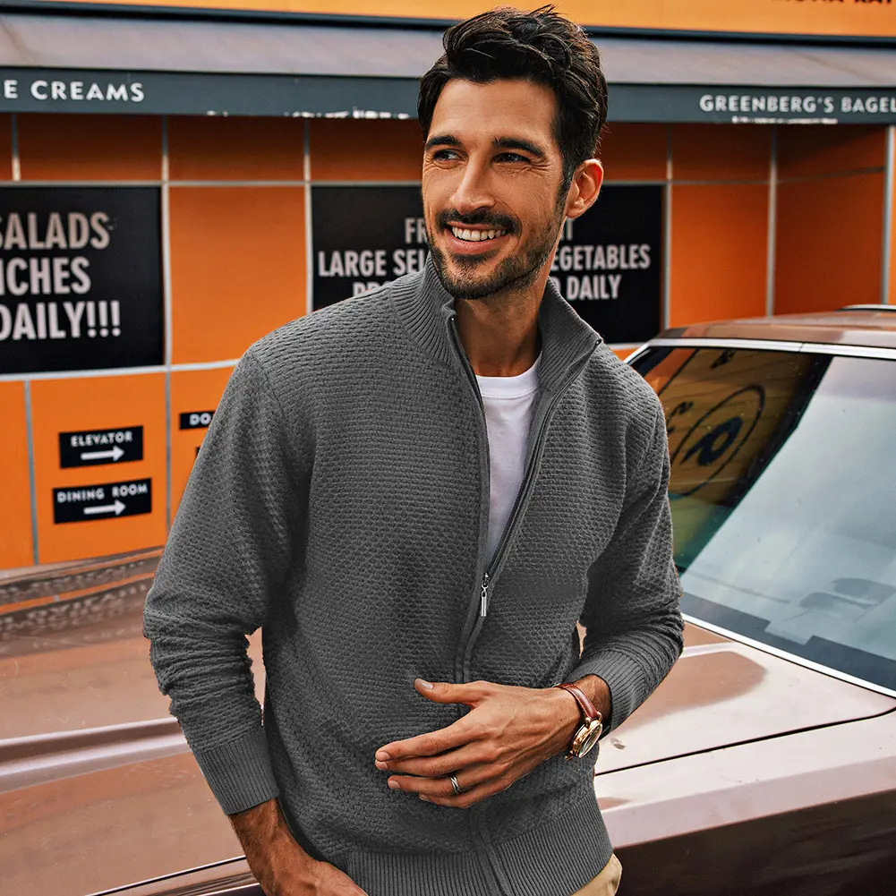 Men's Full Zip Cardigan Sweaters Casual Stand Collar Cardigan Slim Fit Knit Sweater