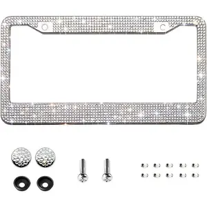 Bling License Plate Frame for Women,Sparkle  Bedazzled Rhinestone License Plate Frames with 1400 count Rhinestones, Handcrafted   Stainless Steel Frame with Screw Caps (White)