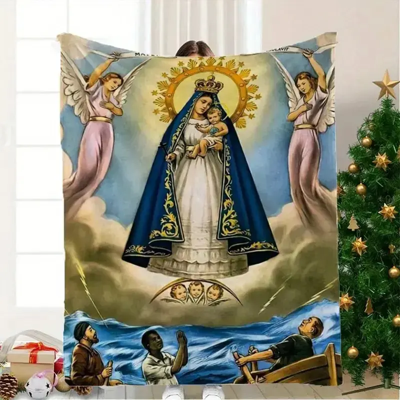 Charity Virgin Mary Pattern Digital Printed Plaid Flannel Throw Blanket - Custom Flannel Cloth, Soft Warm Plush, Extra Large, Flat Weave, Stain Resistant, Modern, All Seasons, Machine Washable, Bed Sofa Use, Unique Birthday Gift, Home Room House Decor, Ro
