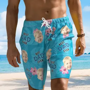 Personalized Father's Day Gift Best Dad Ever Men's Swimwear Custom Photo Beach Trunks Tropical Hibiscus Flower Design Funny Summer Vacation Outfit Unique Present for Him