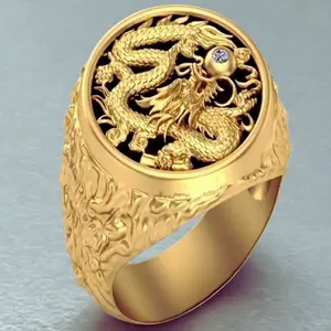 18k gold plated ring with classic luxury Chinese dragon design, jewelry gift for men in business/wedding/engagement/party occasions
