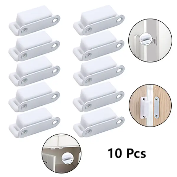 10 Pcs White Plastic Magnetic Door Catches - Permanent Magnet Door Closers with Powerful Magnet, Smooth Surfaces, Screw-Mounted Easy Installation, Durable Hardware for Kitchen Cabinets, Secure Cupboards