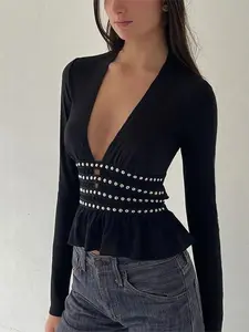 Women's Long Sleeve V Neck Slim Fit Sexy Top, Plain Color Deep V Backless Long Sleeve Shirt, Casual Fashion Aesthetic Spring Wear