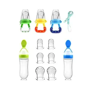 Baby Fruit Feeder Pacifier - BPA-Free Silicone Baby Food Feeder for Self-Feeding - Teething Relief - 4+ Months, 6 Silicone Nipples - 2 Pack Fresh Fruit Pacifier Frozen Teether - Blue & Green