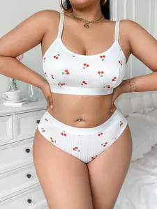 Women’s White Cherry Wireless Sports Bra & Panty Set – Plus Size, Comfortable, Breathable & Cute