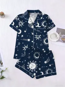 Women's Two-Piece Sky Moon Star Print Pajama Set, Loungewear, Short Sleeve Button Front Shirt, Pocketed Elastic Waist Shorts, Spring Summer Casual Wear