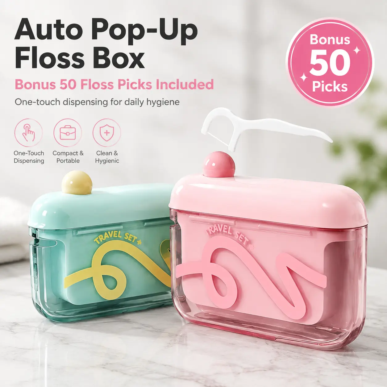 50 Free Floss Picks + Auto Pop-Up Floss Storage Box, Portable Travel Container