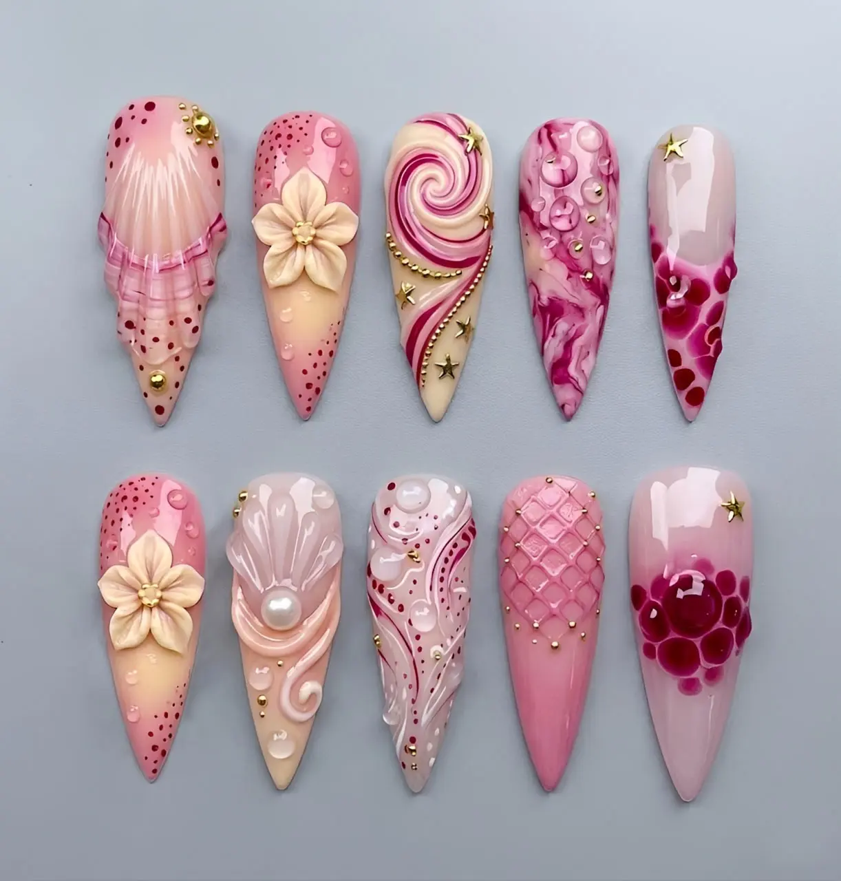 Pink Seashell Fantasy Press On Nails, Mermaid Pearl Nail Art, Floral Swirl Glossy Luxury Handmade Stiletto Nail Set