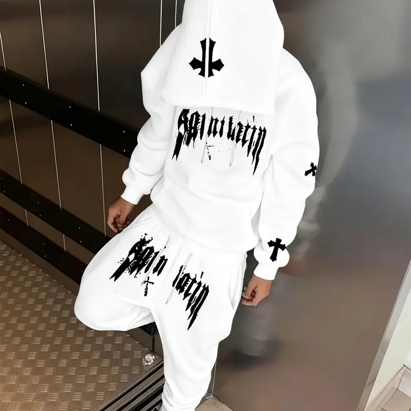 Men's Oversized Hoodie & Jogger Set, Matching Sets, 2-Piece Gothic Graphic Sweatsuit with Bold Font & Cross Prints, Soft Streetwear Outfit for Casual Outings & Everyday Wear, Loose Fit and Easy to Style