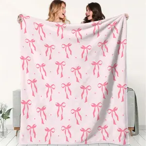 Chic Pink Ribbon Bow Flannel Blanket, Soft and Cozy Throw Blanket for Home Décor, Camping, Traveling & Office Warmth, Perfect Gift for Anyone Who Loves Style & Comfort! Soft Blankets
