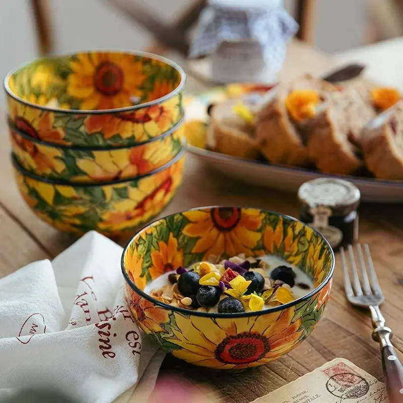 5-inch Japanese Cartoon Sunflower Noodle Bowl Household Rice Ceramic Bowl Rural Style Soup Bowls Home Tableware