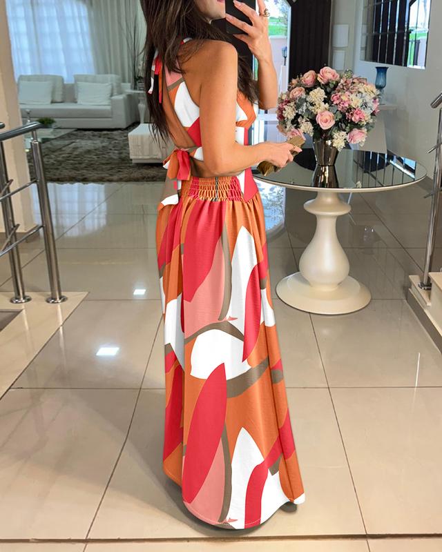 ChicMe Women's Floral Print Halter Sleeveless Shirred Maxi Dress Casual Waist Criss Cross Hollow-out Dress