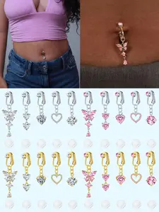 5-Piece Butterfly Heart-Shaped Cubic Zirconia Fake Belly Ring Set, Women's Clip-On Navel Jewelry Gift, Cute Belly Jewelry, Includes 5 Silicone Pads