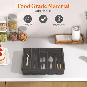 Single-Piece Covered Utensil Organizer Box, Six Compartments for Spoons and Forks, Plastic Kitchen Drawer and Countertop Storage