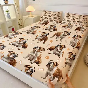 Cute Dog Print Fitted Sheet Set, Include One Bedspread and Two Pillowcases, All-Round Anti-Slip Deep Pocket Mattress Protector, Durable Soft Bed Cover, Universal for Home Bedroom Dorm All Seasons