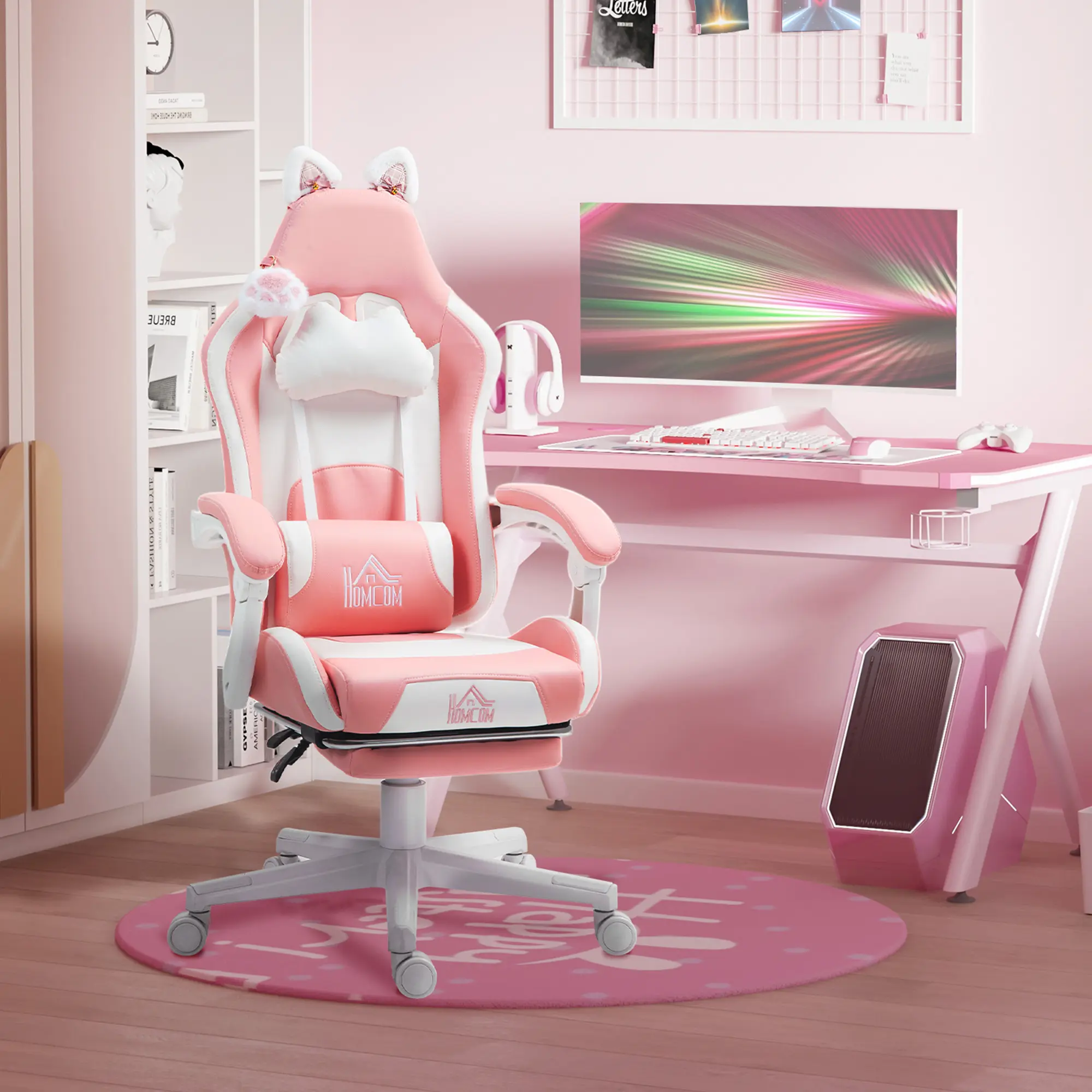 HOMCOM Racing Gaming Chair with Cat Ears, Height Adjustable, Reclining Faux Leather, Footrest, Lumbar Support, Swivel Seat & Wheels