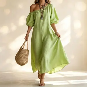 2026 Women's One Shoulder Maxi Dress Solid Color Flowy Loose Summer Beach Vacation Tropical Resort Memorial Day
