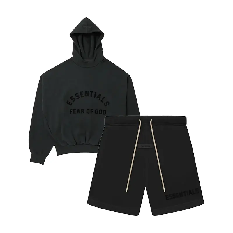 Fear of God Essentials SS23 Arch Logo Hoodie & Sweatshort Jet Black Fear of God Essentials SS23 Arch Logo Hoodie & Sweatshort Jet Black
