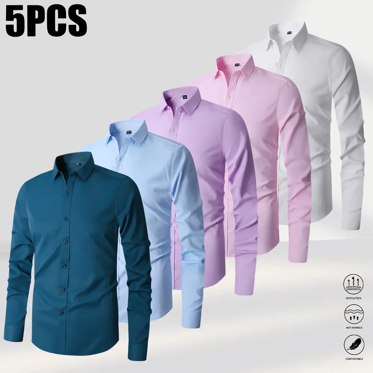 Men's 5-Piece Cotton Long Sleeve Button-Down Shirts - Fashion Medium Length Collared Neck Tops, All-Seasons Business-Casual Formal Workwear, Ideal Gift for Men