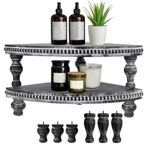 MAONAME Vintage Beaded Wooden Corner Shelves - 16.75"x12"x1.25" Multifunctional Brown Antique Racks, Removable Farmhouse Kitchen Counter Display Riser, Vintage Home Decor Room Organizer for Desktop Protection