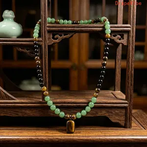 Unisex Long Sweater Chain Money‑Attraction Pendant Necklace Green Aventurine Tiger Eye Healing Crystal Jewelry For Vacation And Theme Party Wear