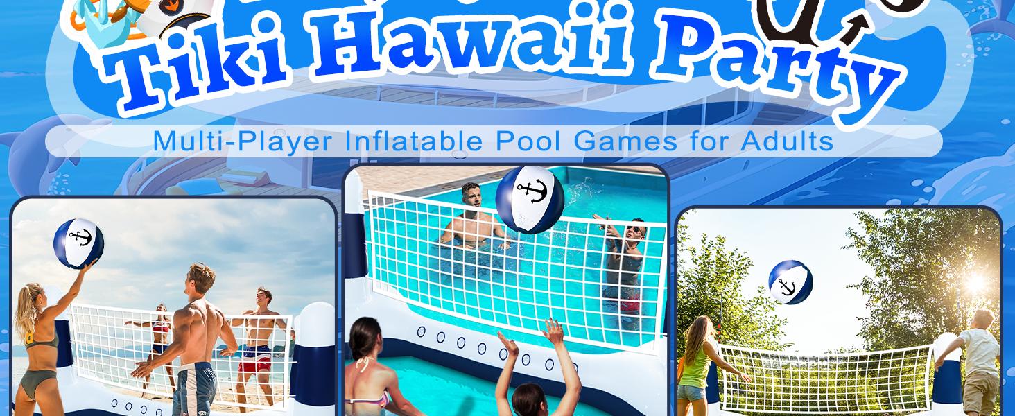 Large Inflatable Pool Games Volleyball Net Pool Float Set with 9" Anchor Ball, 2 Weight Bags & Yacht Design – Floating Swimming Game Toy for Adults, Perfect for Summer Water Sport Pool Party