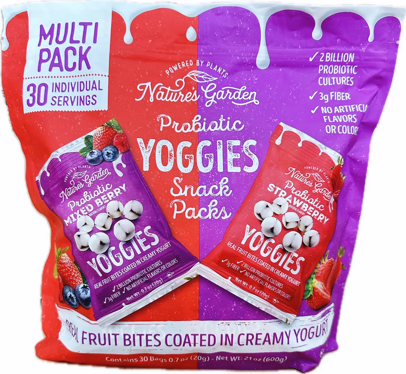 Nature's-Garden Probiotic Yoggies Multi Pack, Strawberry and Mixed Berry Yogurt Covered, High Fiber, Real Fruit Pieces, Healthy Snack, Yoghurt