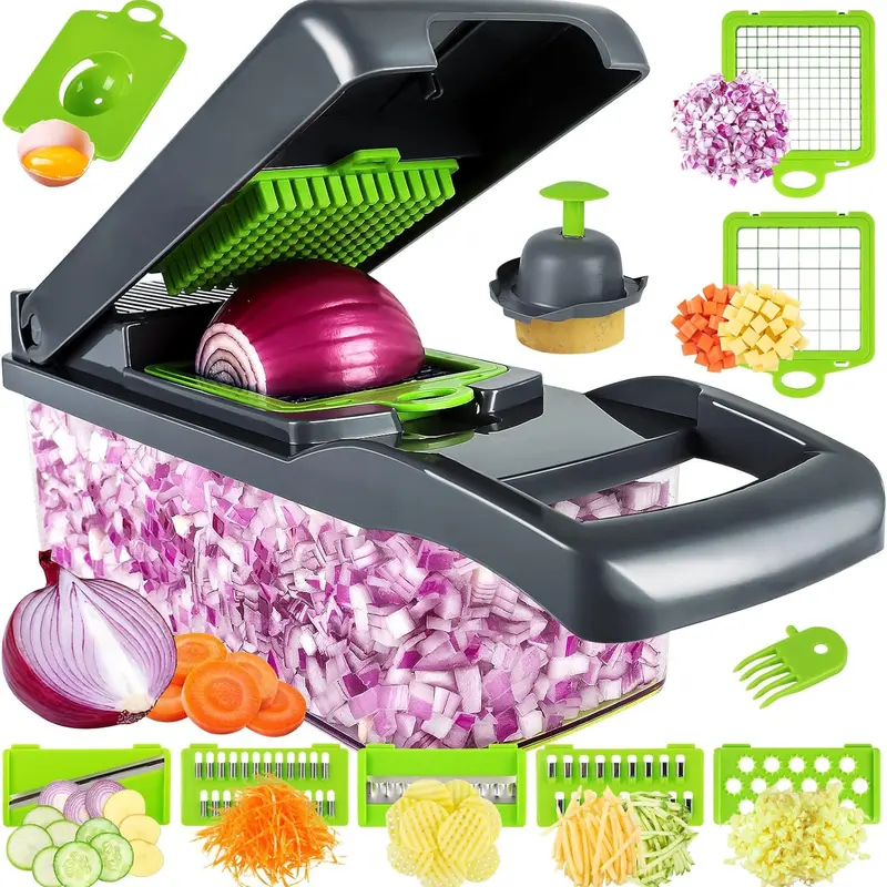 13-in-1 Stainless Steel Vegetable Chopper with 8 Knives, Multifunctional Dicer Cutter, 1.2L Cover Included, Black Kitchen Utensil