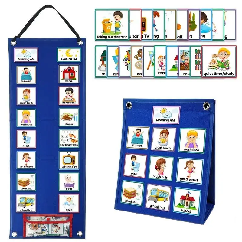 Visual Schedule Chart for Kids Daily Routine Card, 1 Set Affairs Pattern English Card with Display & Bag, Math Learning Tools, Parent-child Interactive Game Props, Summer Gift, Visual Learning Tools