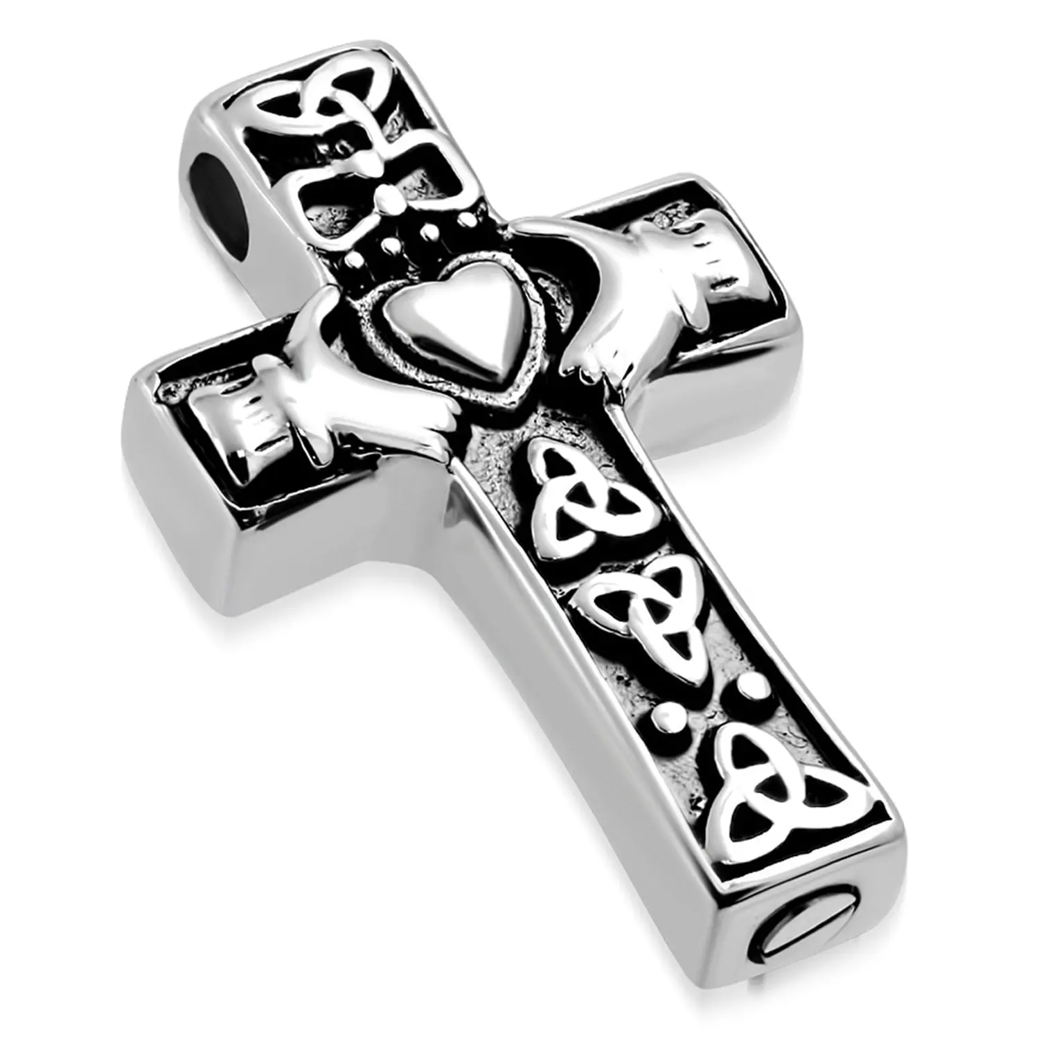 Stainless Steel Claddagh Trinity Cross Prayer Cremation Keepsake Pendant Necklace