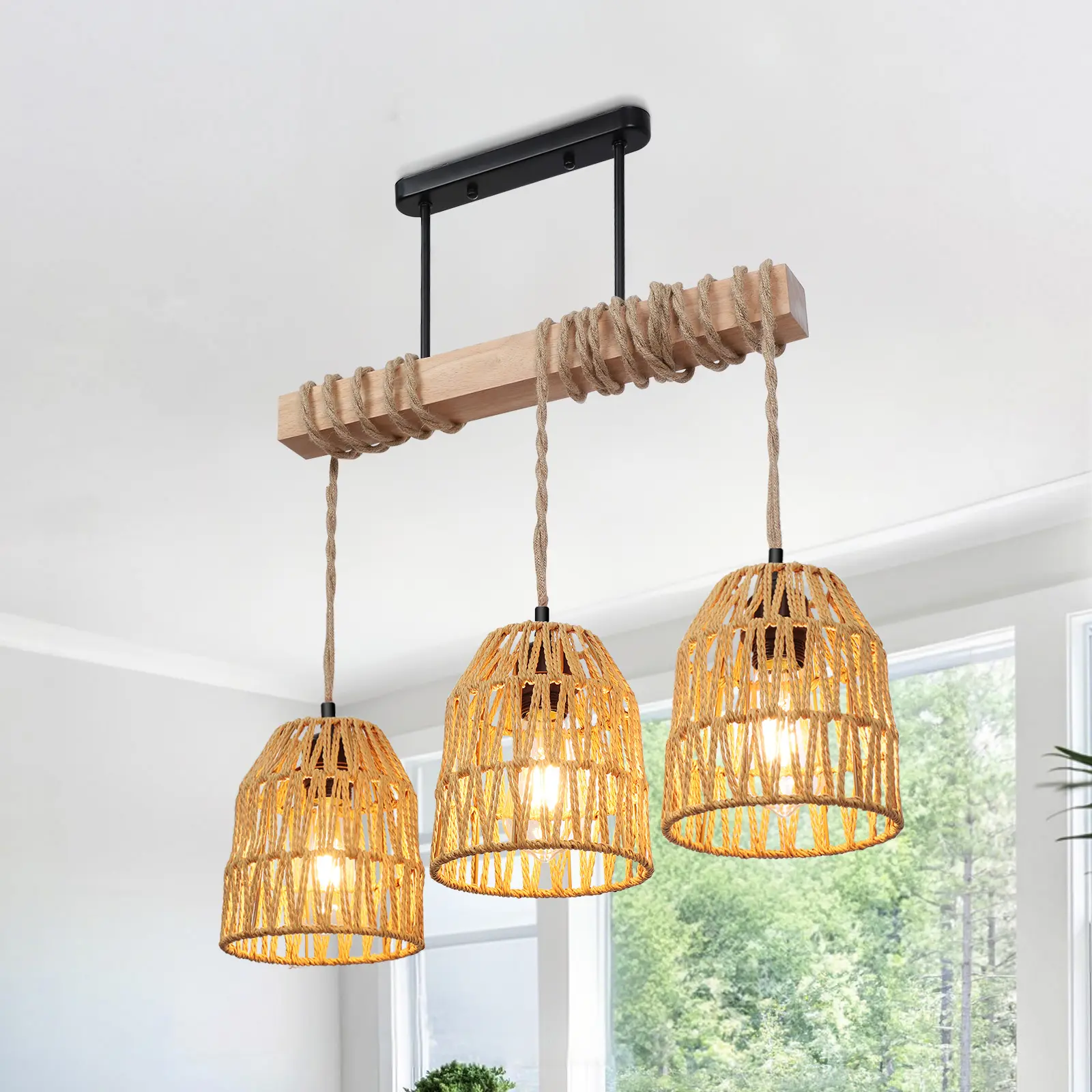 3-Light Farmhouse Rattan Weave Wall Sconce - Height-Adjustable Retro Indoor Lighting Fixture, 4W E27 Tiltable Incandescent Lights, AC Power, 50in(140cm) Glow for Kitchen Islands, Living Rooms, Countryside Homes, Modern Lofts (Indoor Use)