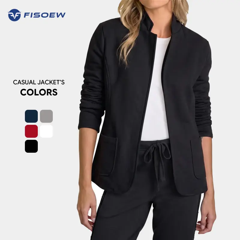 Fisoew Fashion Women's Stand-Collar Sweat-Style Blazer – A slim-fit, long-sleeve casual blazer with patch pockets, suitable for work, daily wear, and travel.