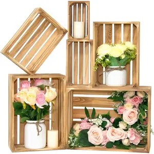 6-Pack Large Rustic Nesting Wooden Crates with Handles — Decorative Farmhouse Wooden Crates for Storage and Display; Six Sizes of Wooden Basket Decor Boxes