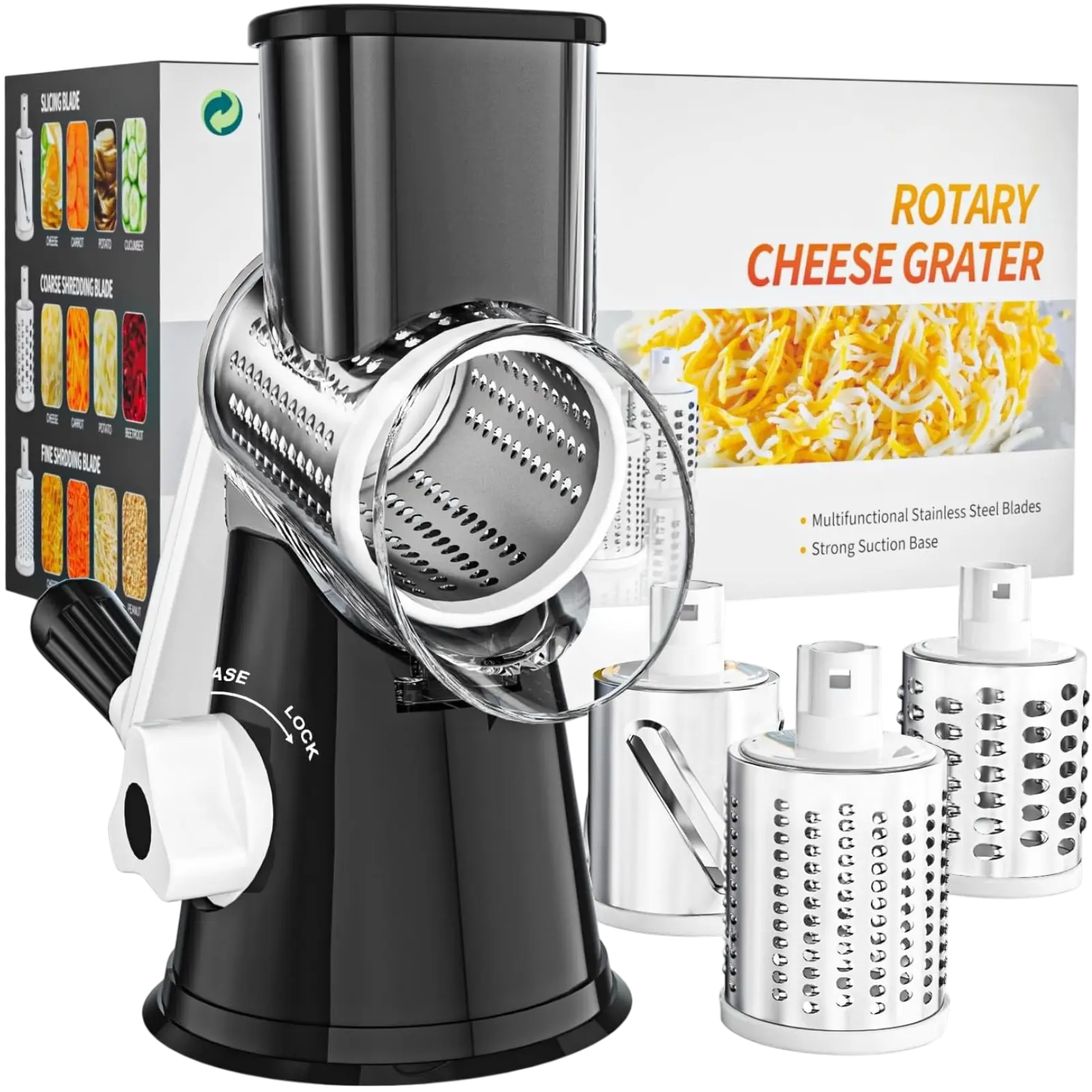 Rotary Cheese Grater Hand Crank Cheese Shredder for Fresh Cheese, Vegetable, Nuts,Non-slip Suction Base, Three Blades, Black
