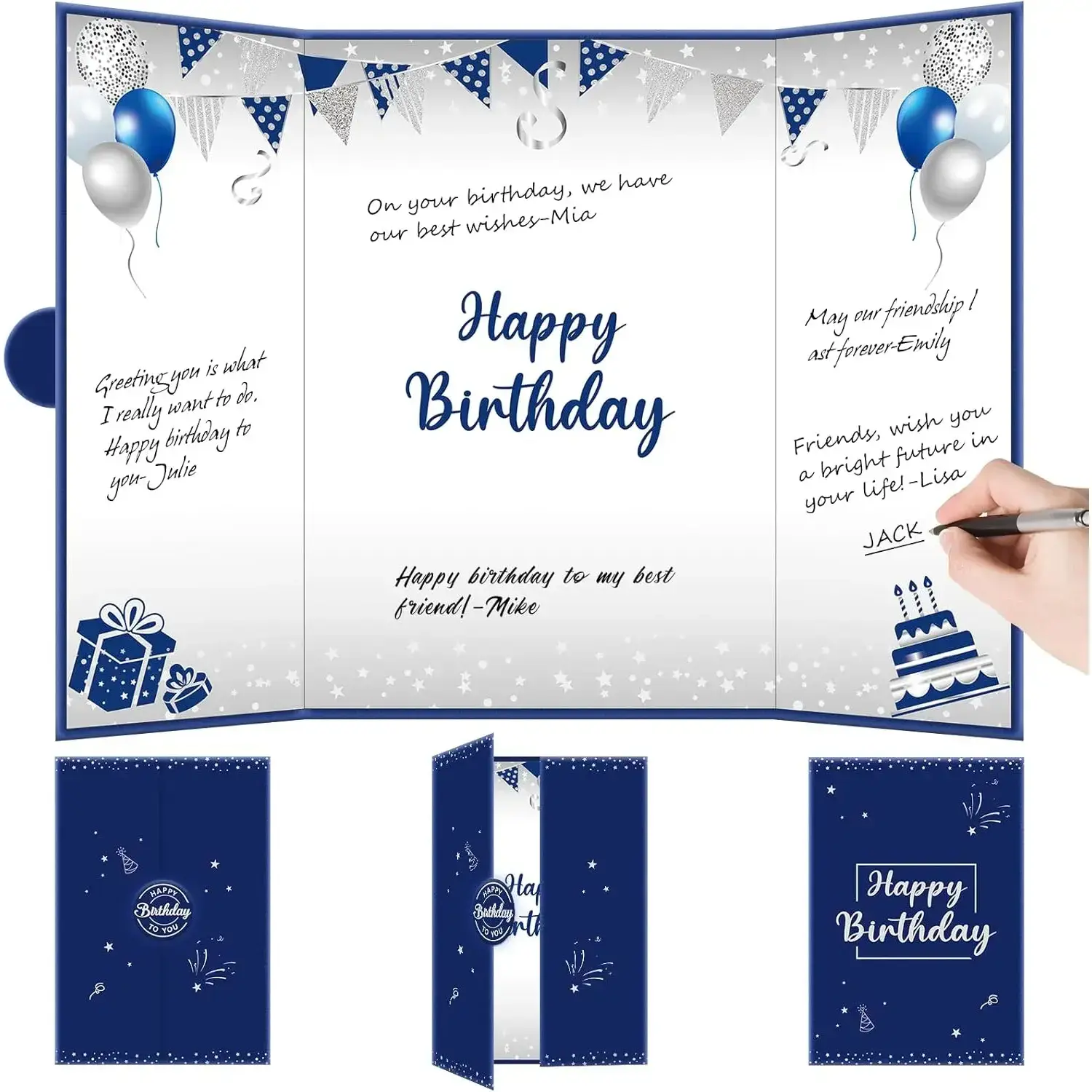 Blue Silver Large Birthday Guest Book Card Decorations for Men Boys, Navy Blue Happy Birthday Signature Book Jumbo Card Party Supplies, Big Birthday Guest Sign in Book, Card Happy Birthday Gift Sign